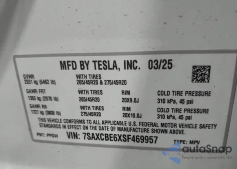 2025 Tesla Model X Plaid from USA, damaged, VIN 7SAXCBE6XSF469957